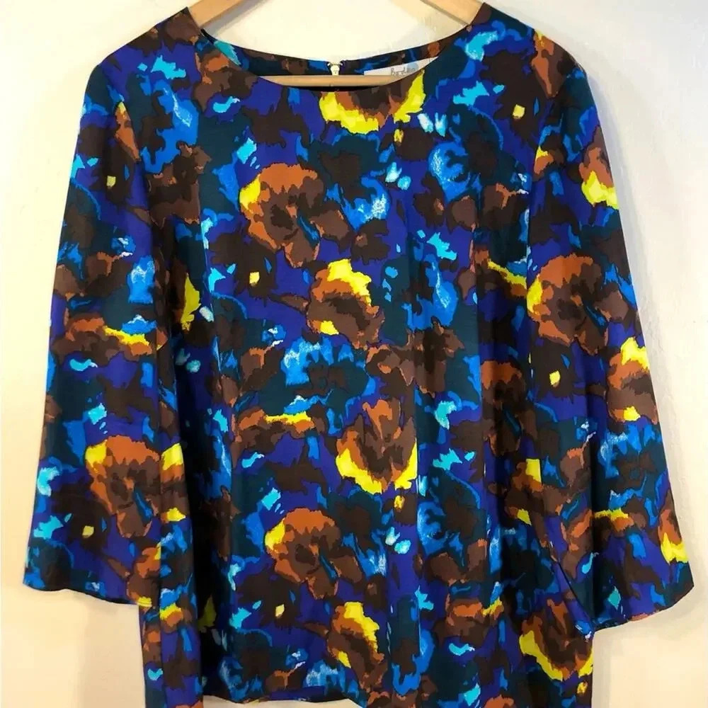Boden Eliza Blue & Gold Silk Blend Floral Blouse size 12.